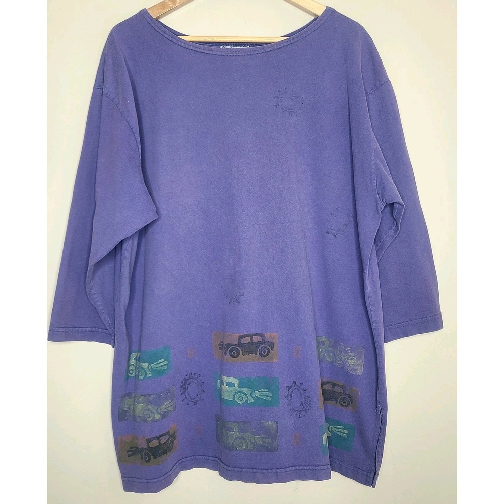 VTG Blue Fish Boxy 3/4 Sleeve Tee Purple Graphic Art 100% Cotton USA‎ Lagenlook